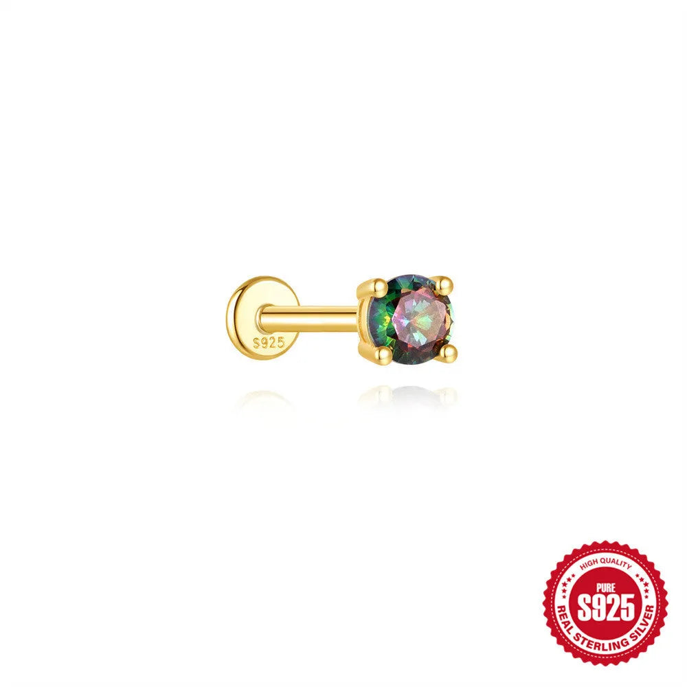 S925 sterling silver geometric earrings with rainbow stone and flat head thread post