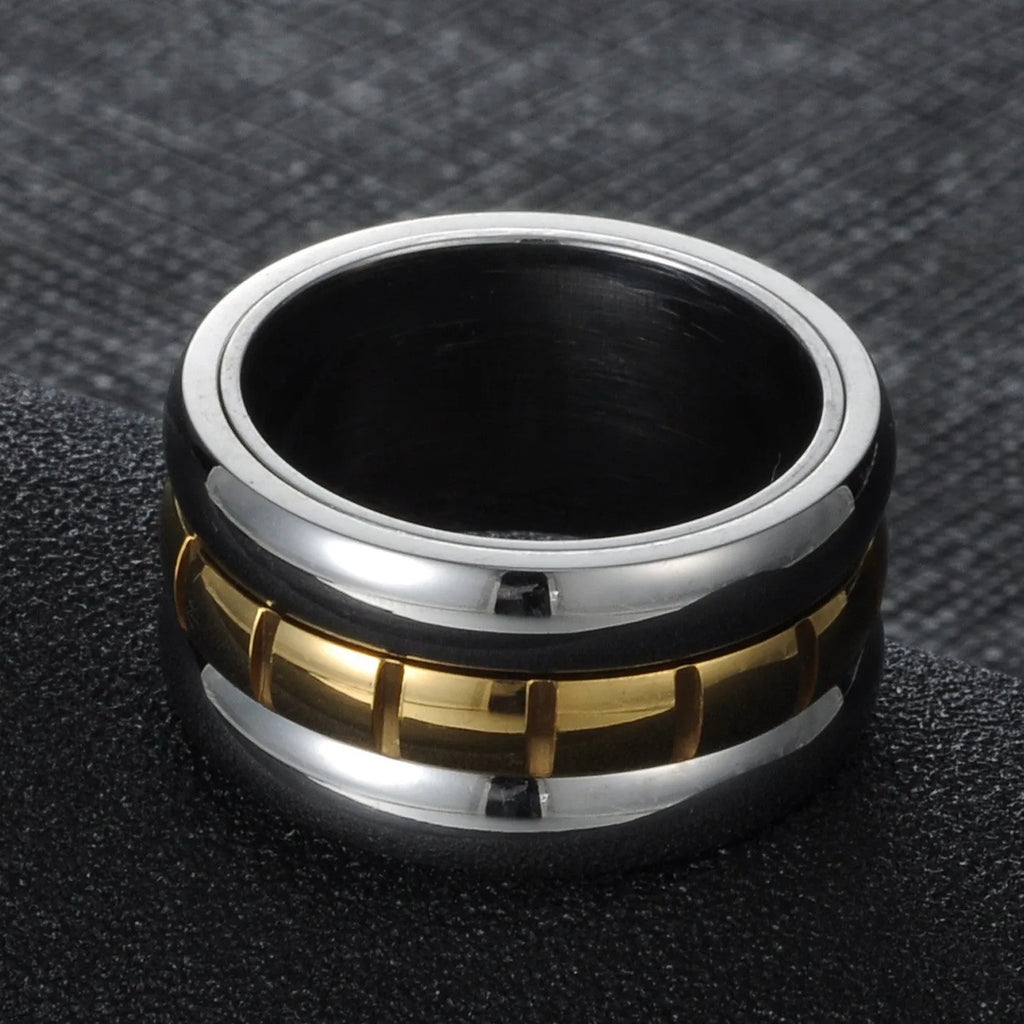Ultra-wide gold titanium steel knuckle ring with rotatable band, sizes 7 to 10, natural style.