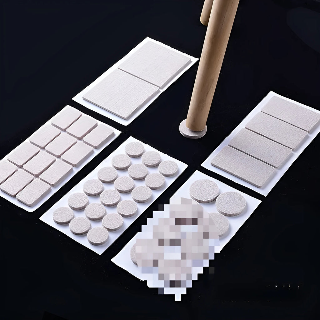 Beige plastic furniture leg stoppers in square and round shapes showing five size options