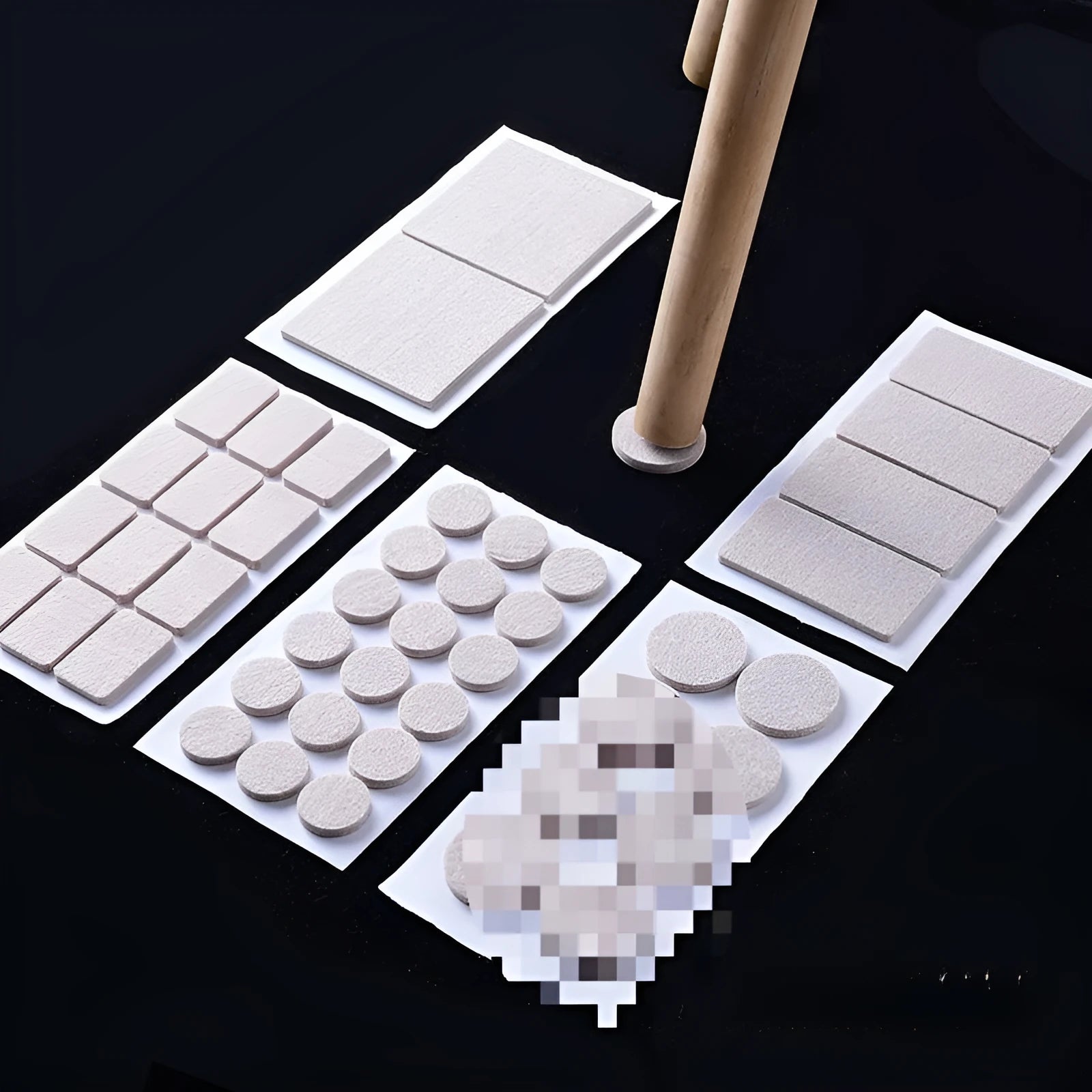 Beige plastic furniture leg stoppers in square and round shapes showing five size options