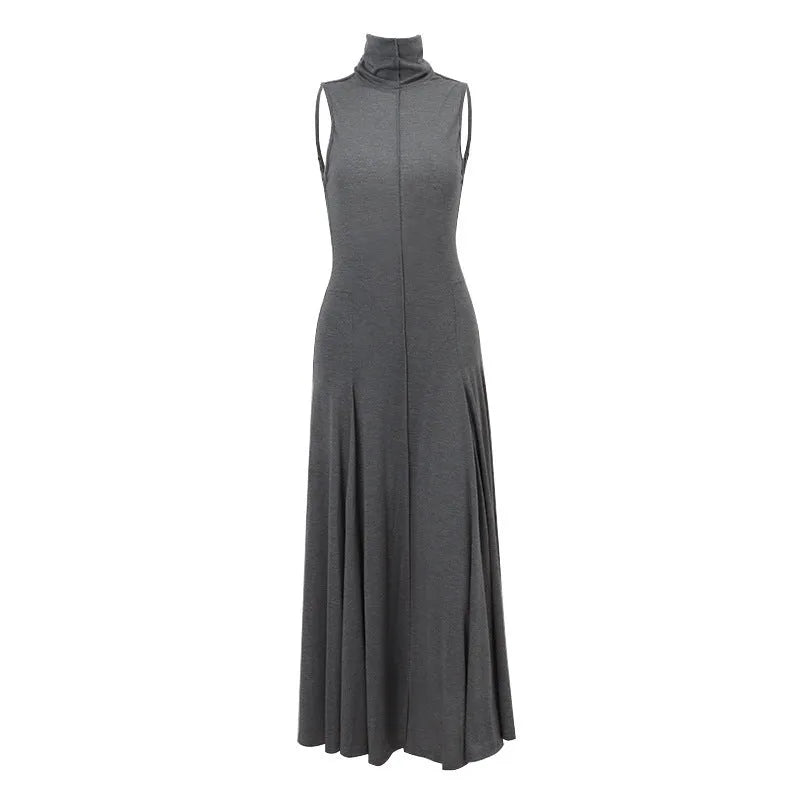 Women's grey cotton half-turtleneck backless slim-fit dress with high waist