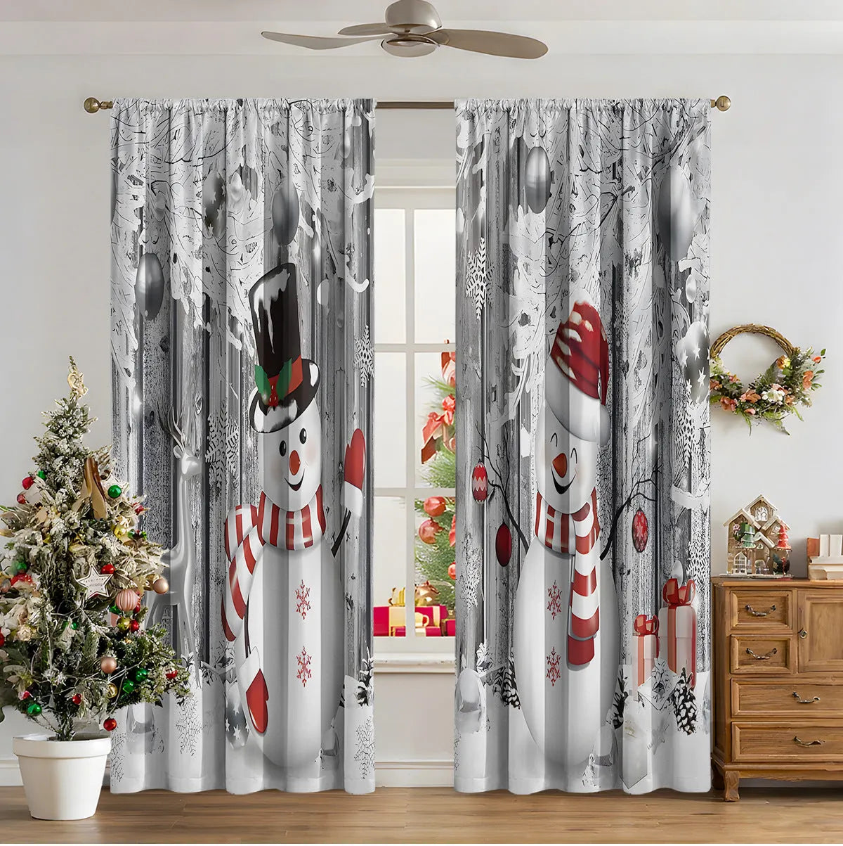 Pair of 3D digital printed Christmas curtains with a festive pattern on a window.