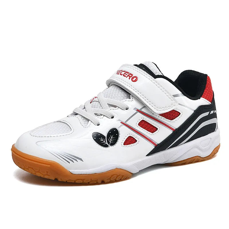 White and blue low-top badminton shoes with a ribbed sole and wedge heel.