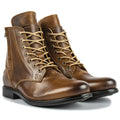 Men's black and brown two-tone leather ankle boots with side zip and low heel.