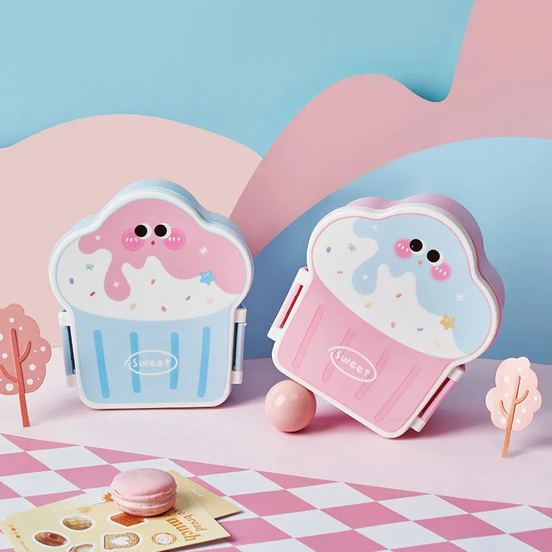 Ice cream shaped plastic lunch box with spoon and fork in pink or blue cartoon design