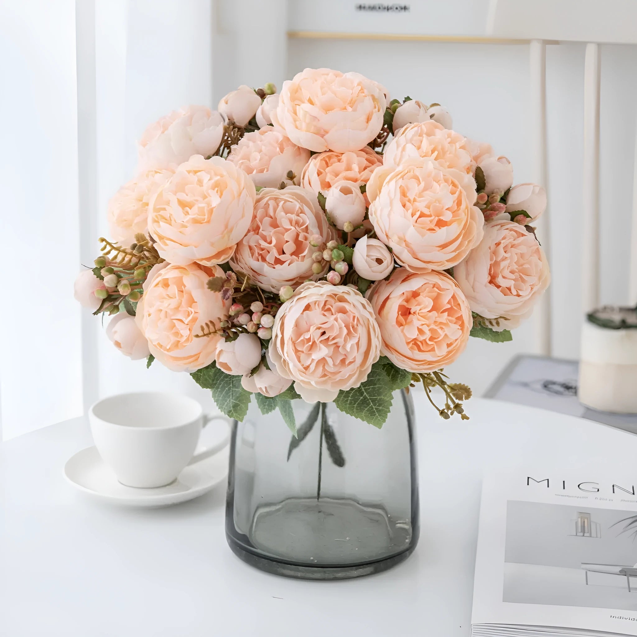 Artificial silk peony flower bouquet in a vase, 45cm tall, in champagne colour