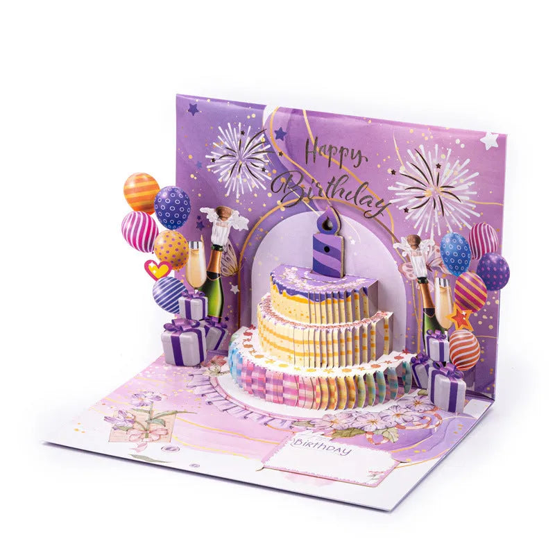 3D paper greeting card with a hand-folded cake sculpture in Chinese ink style.