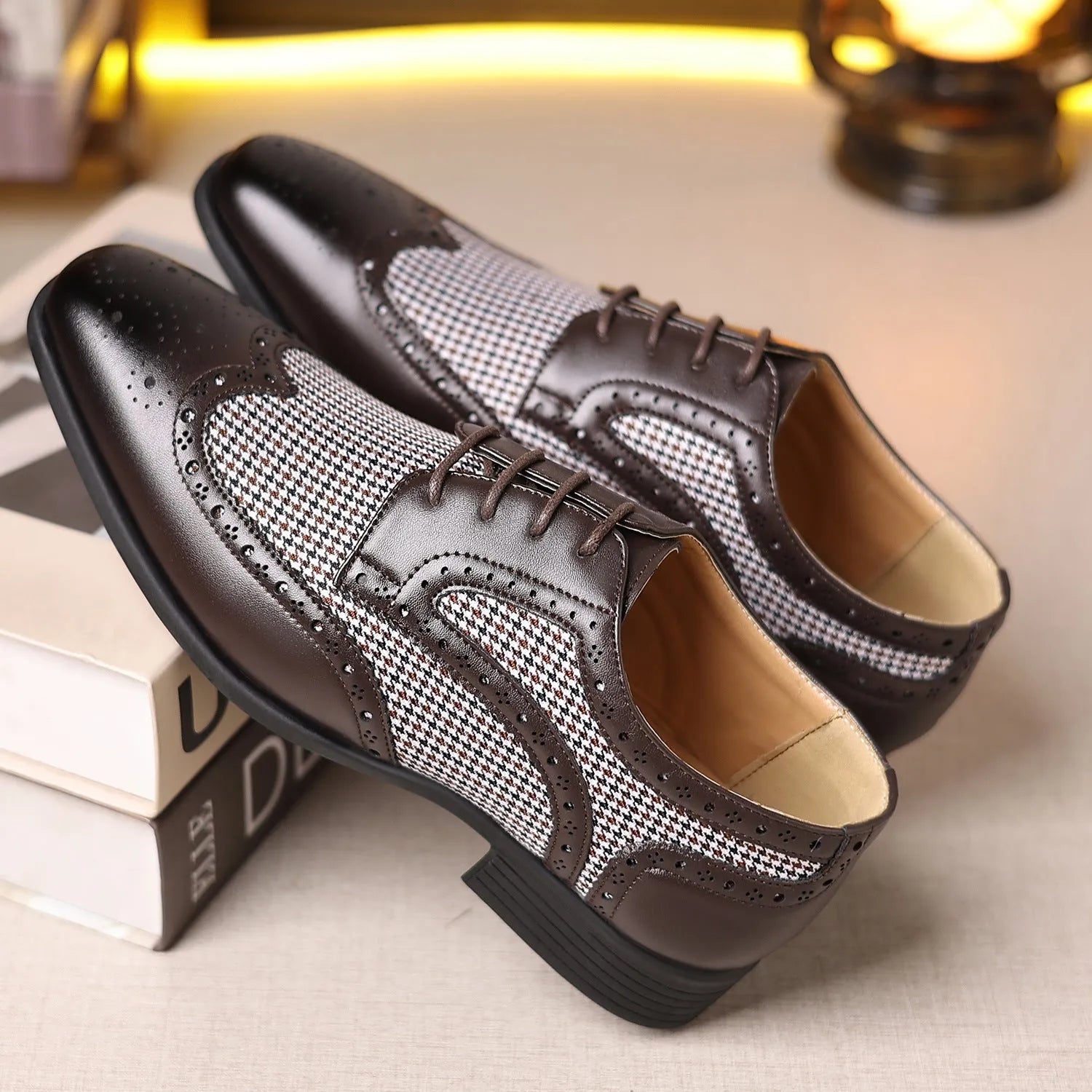 Men's black houndstooth pattern casual lace-up shoes with a square toe and rubber sole.