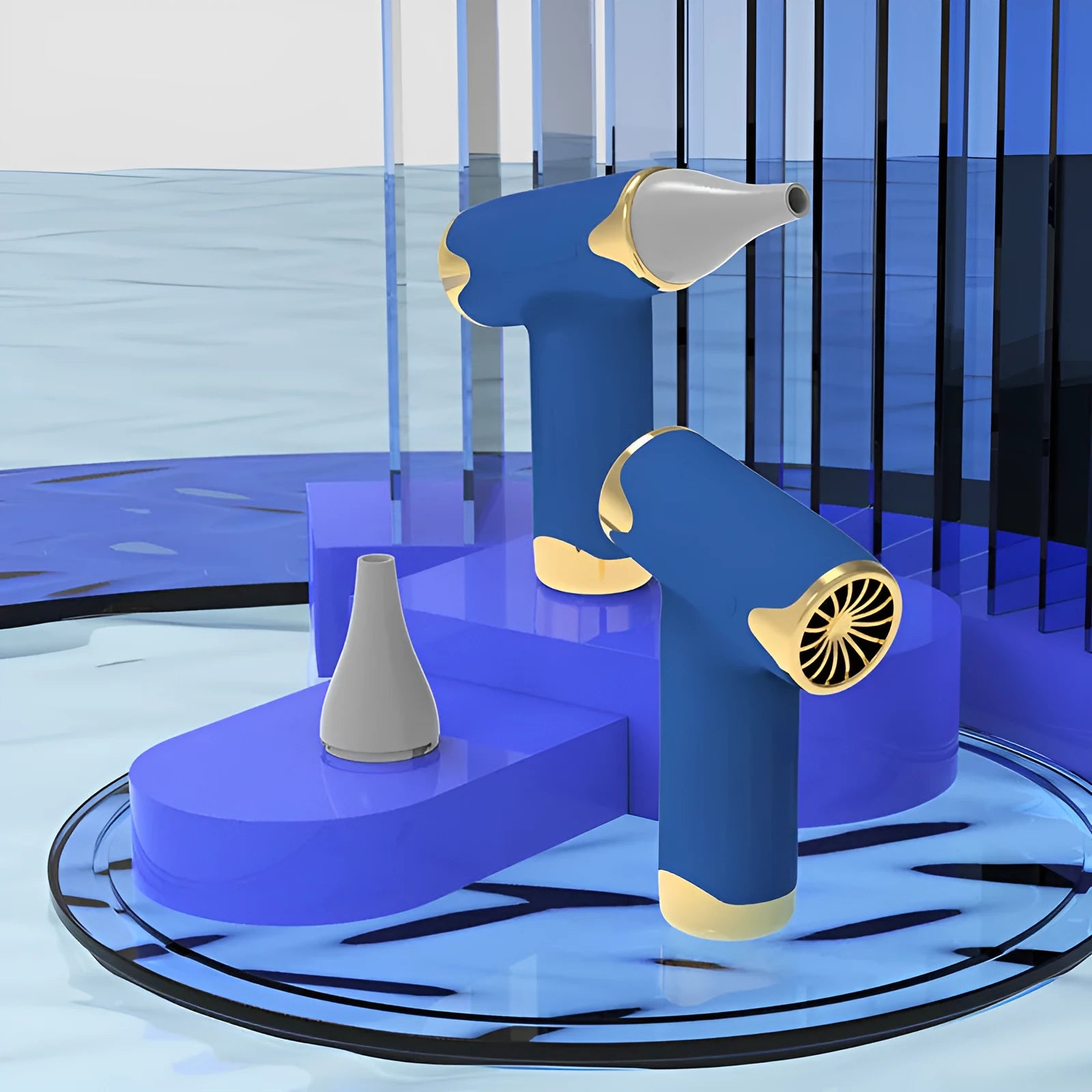 Blue handheld portable turbofan with brushless motor showing rotation and humidification functions