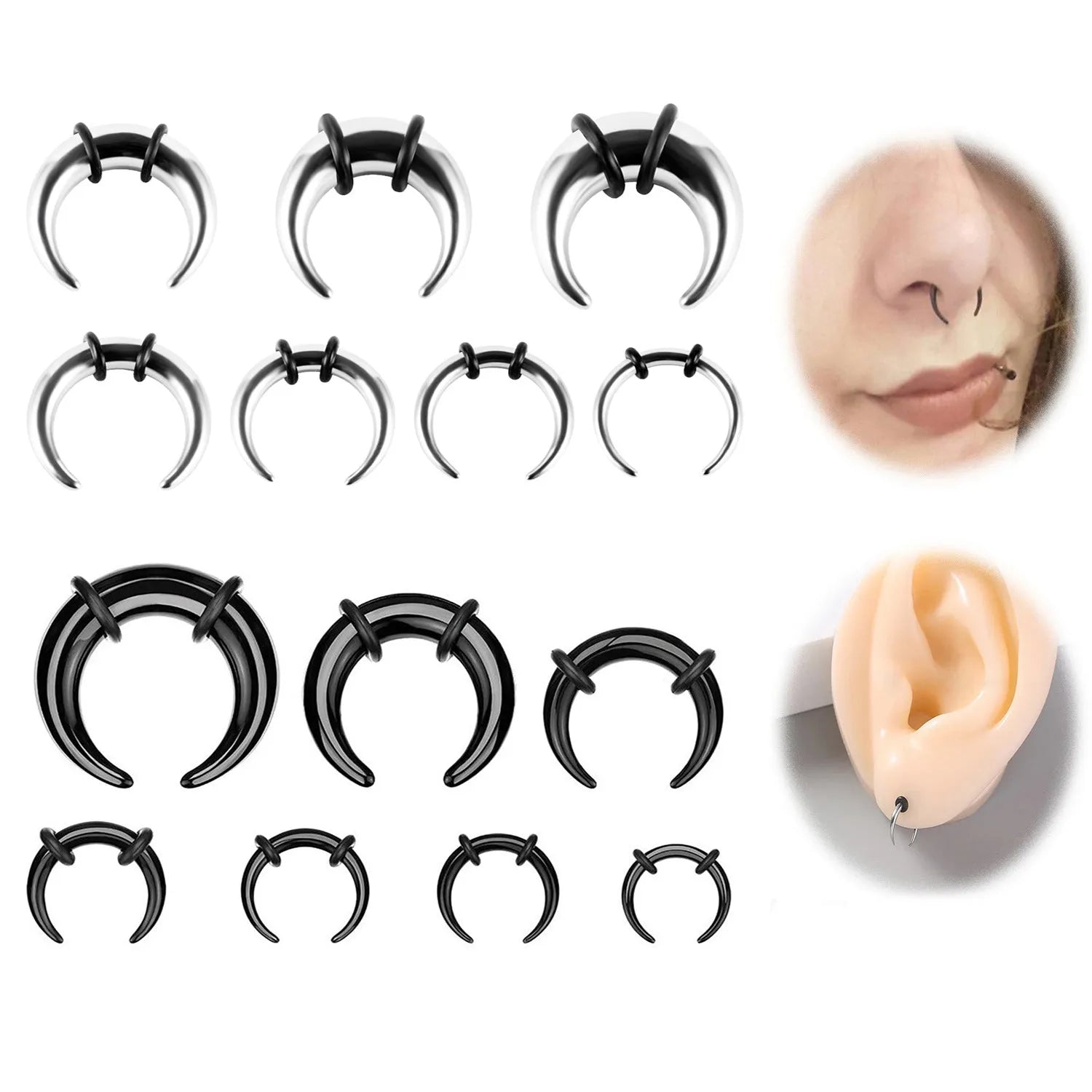 316 stainless steel C-shaped buffalo horn nose ring in black and steel colour options
