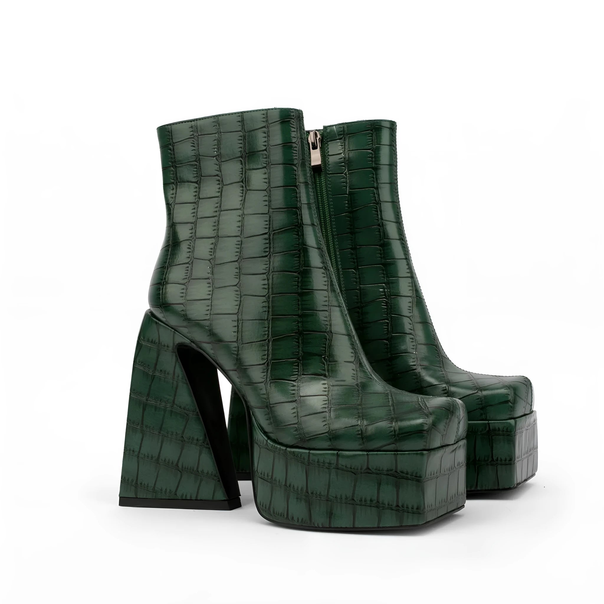 Women's ankle boots with a high heel in red, green, black, beige, and brown colours.