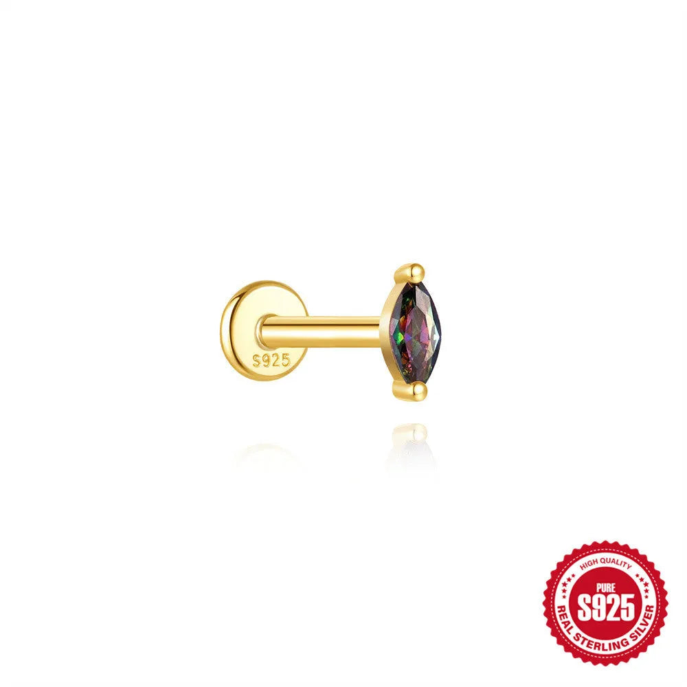 S925 sterling silver geometric earrings with rainbow stone and flat head thread post