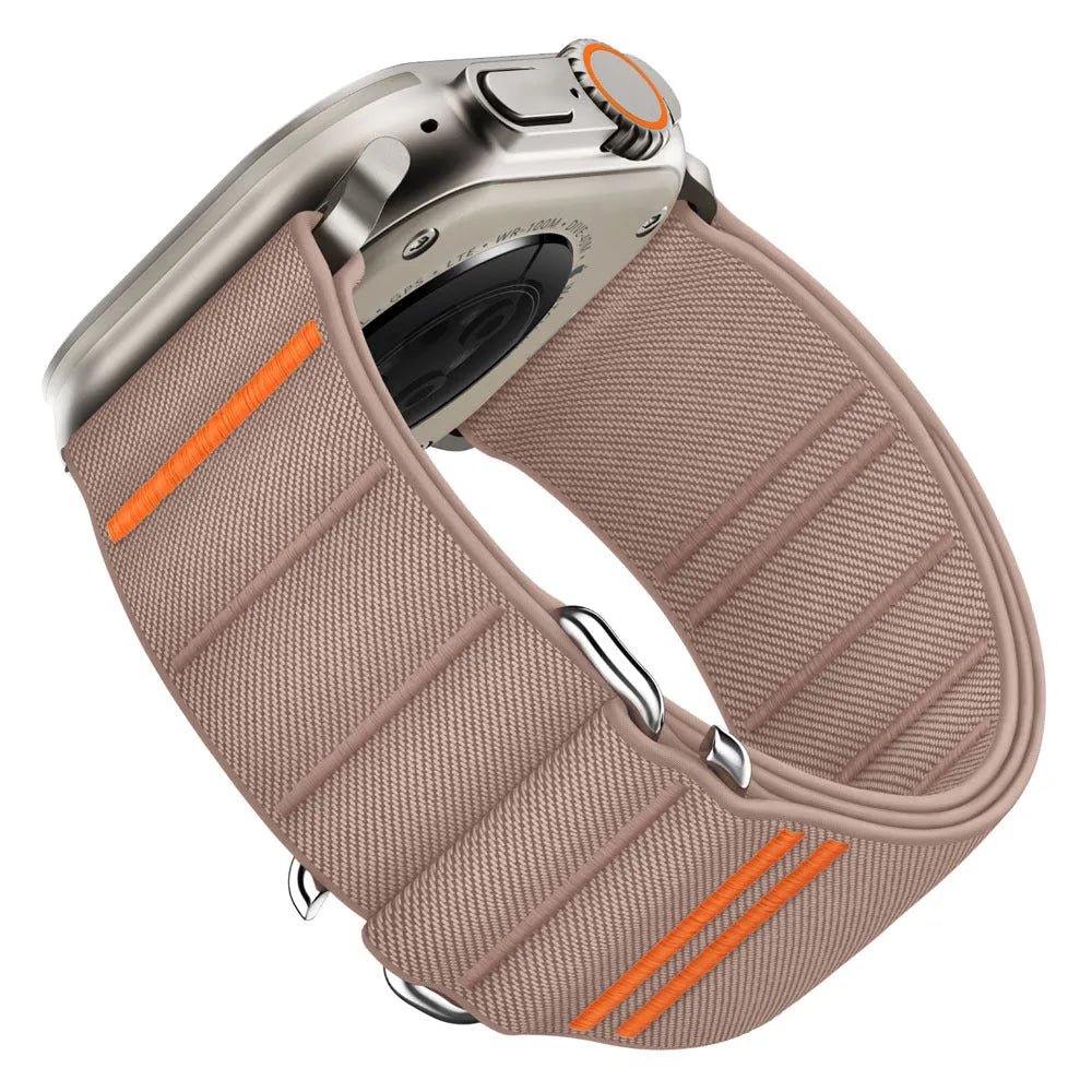 Elastic nylon Apple Watch replacement band with stainless steel buckle in various colours.