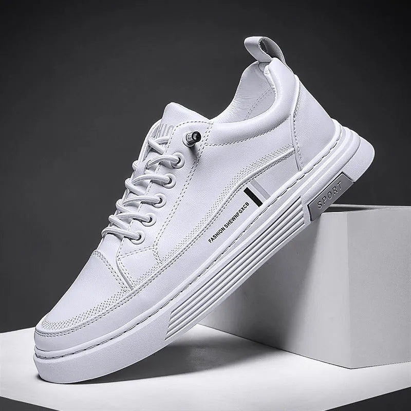 Men's white and black microfiber skateboard shoes with elastic band closure and rubber sole