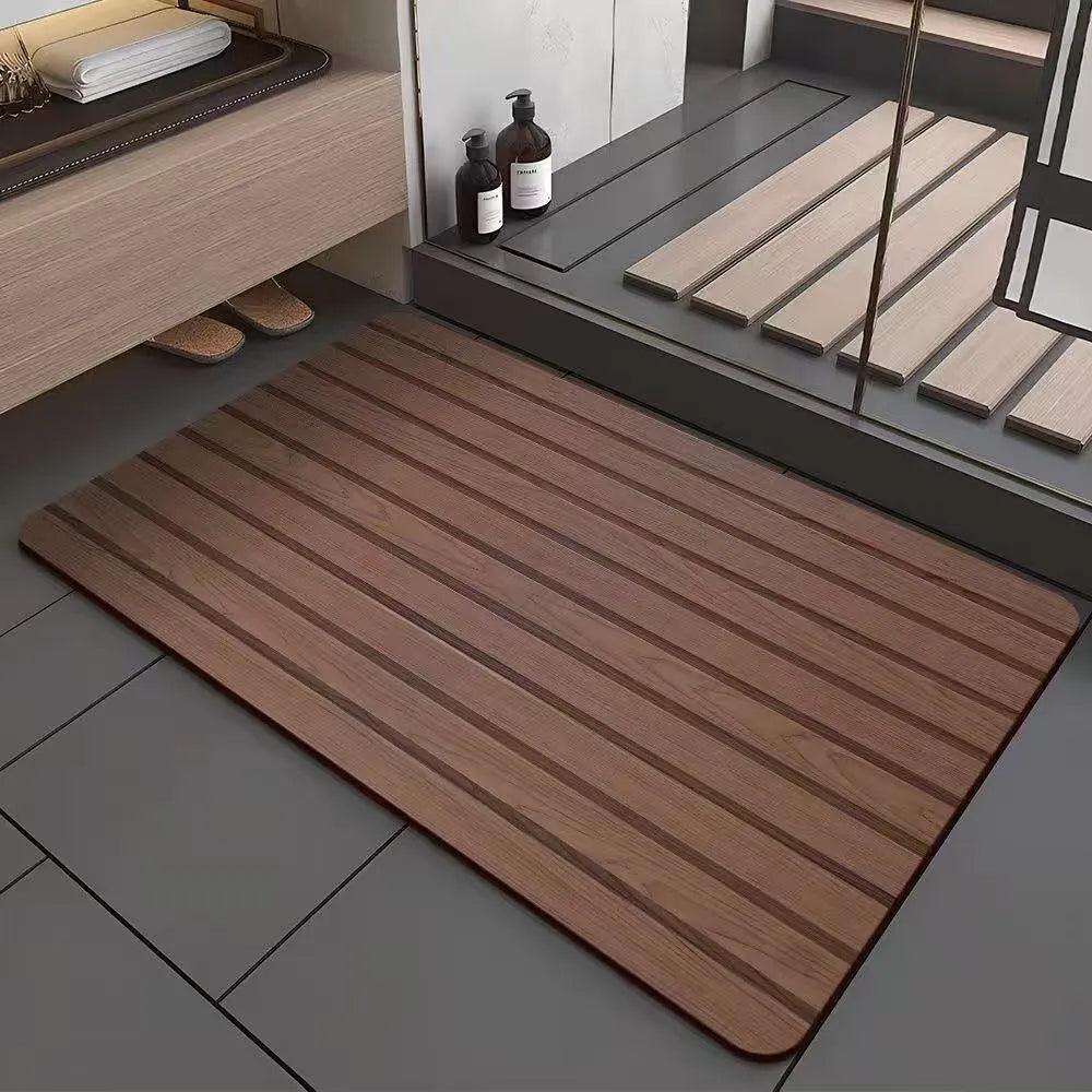 Square American wood grain pattern diatom mud bathroom floor mat on tiles.