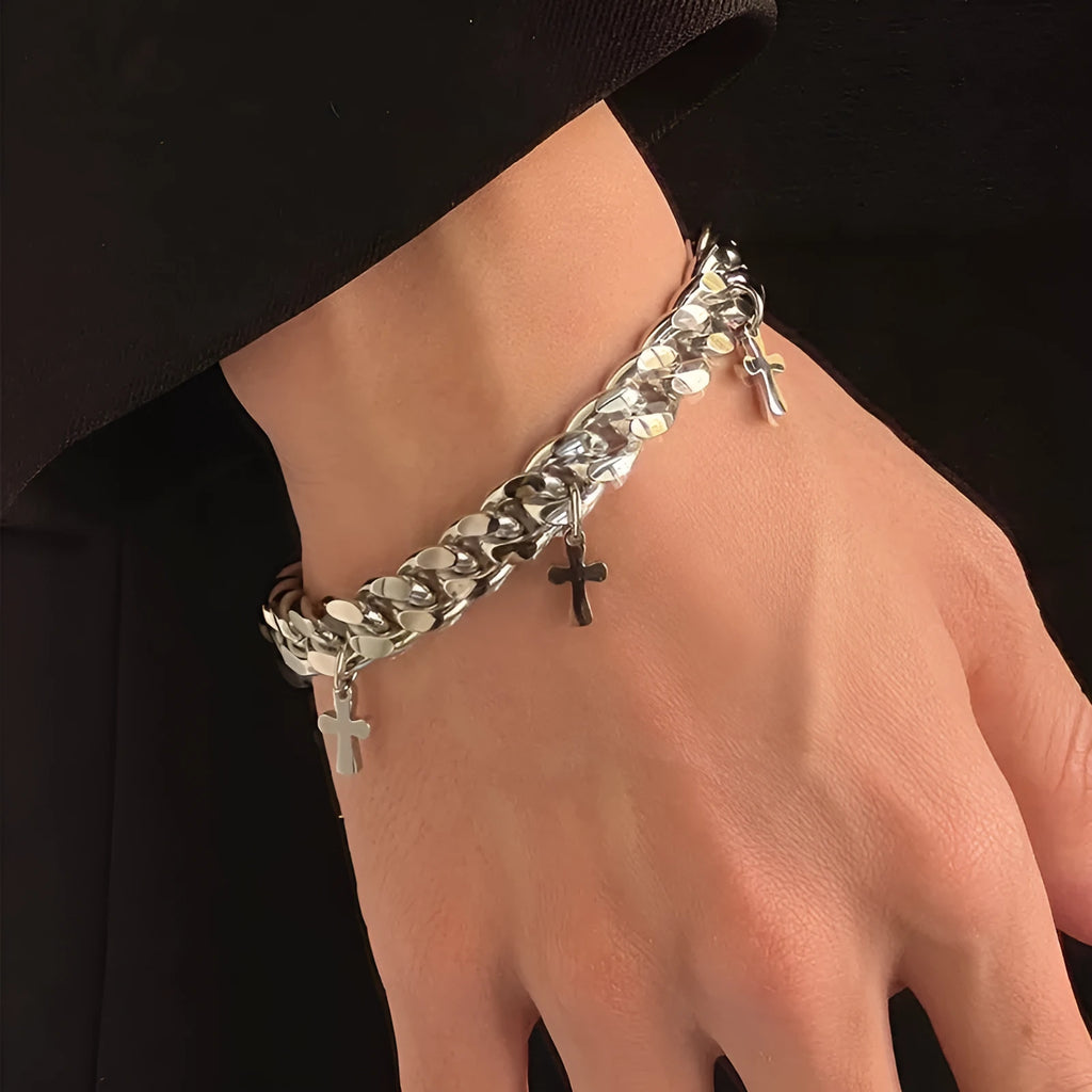 Men's geometric cross bracelet in titanium steel with adjustable cold wind style design