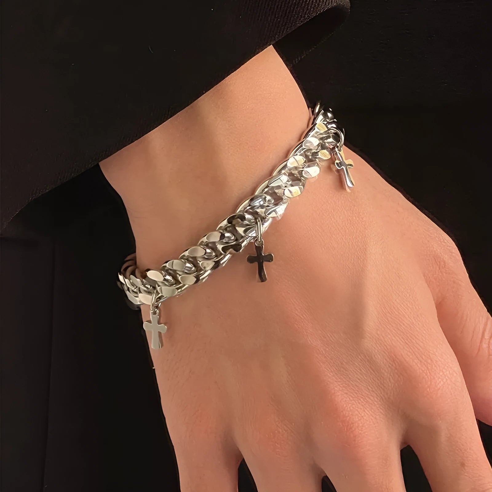 Men's geometric cross bracelet in titanium steel with adjustable cold wind style design