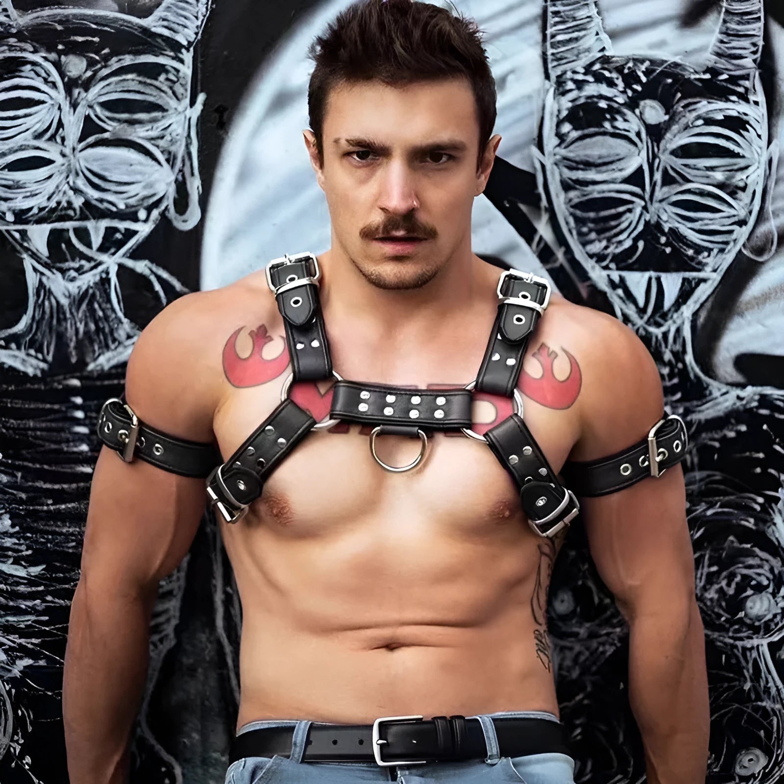 Black leather adjustable chest harness strap with metal buckle for men's costume and performance use