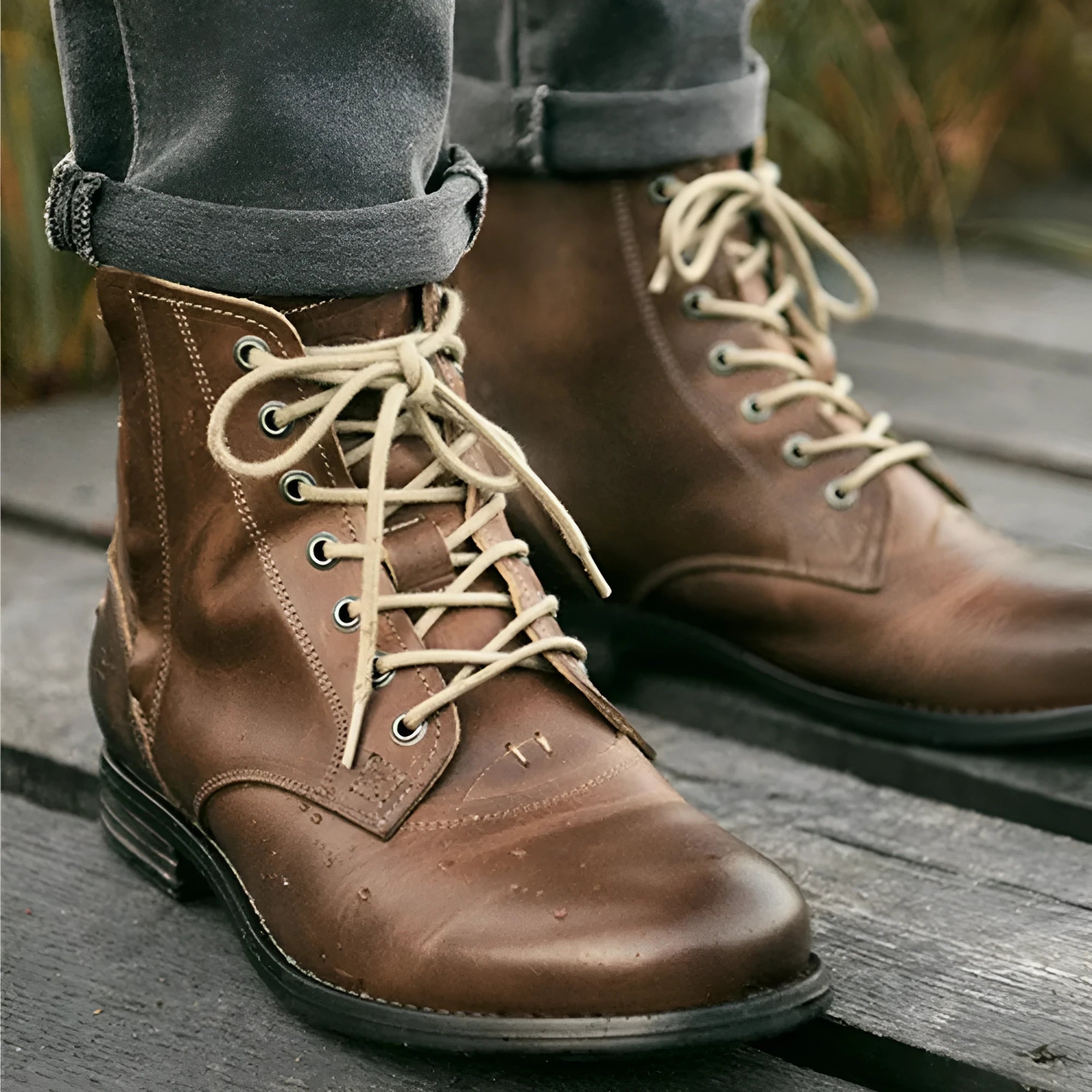 Men's black and brown two-tone leather ankle boots with side zip and low heel.