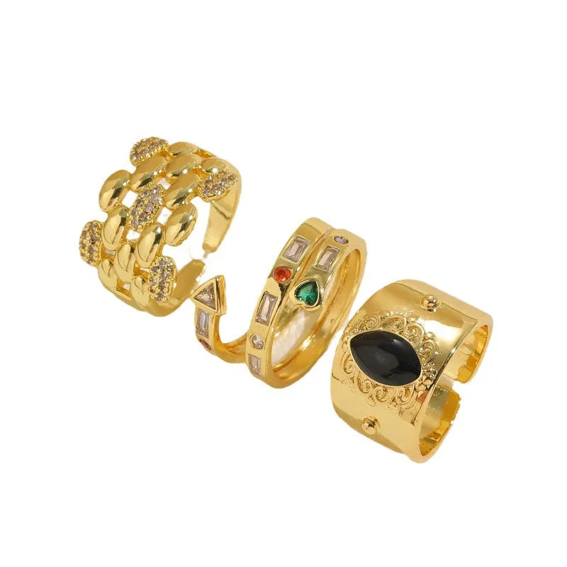 Geometric Chinese style ring with zircon stones in horse eye black colour on copper base