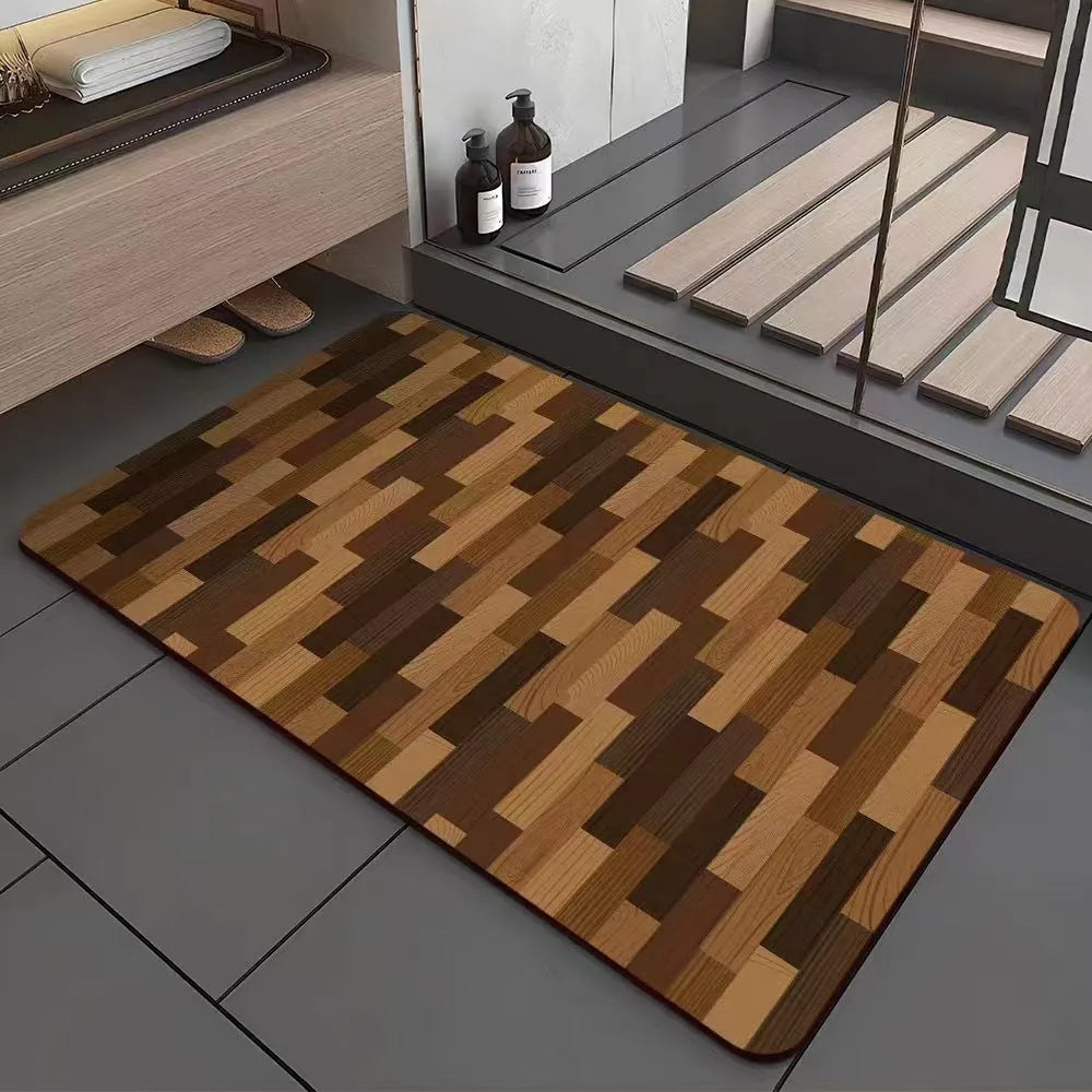 Square American wood grain pattern diatom mud bathroom floor mat on tiles.