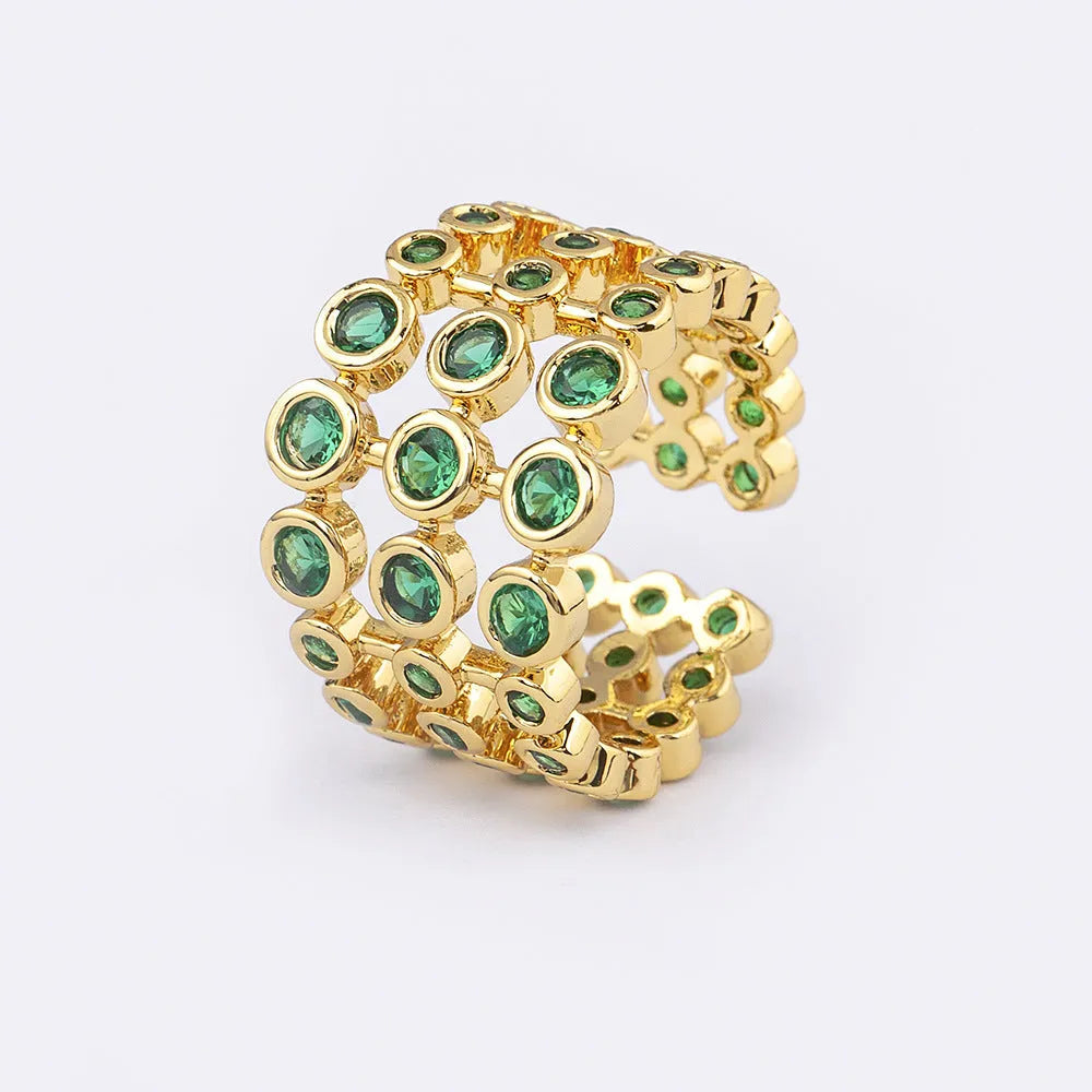 Copper 18K real gold plated wide band ring with green zircon centrepiece.