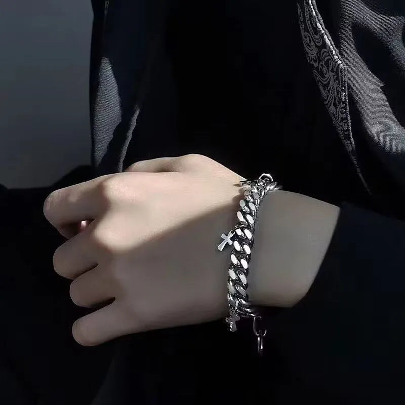 Men's geometric cross bracelet in titanium steel with adjustable cold wind style design