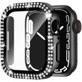 Apple Watch case with double-diamond peep-proof glass in rose pink, gold, silver, black, and transparent colours.