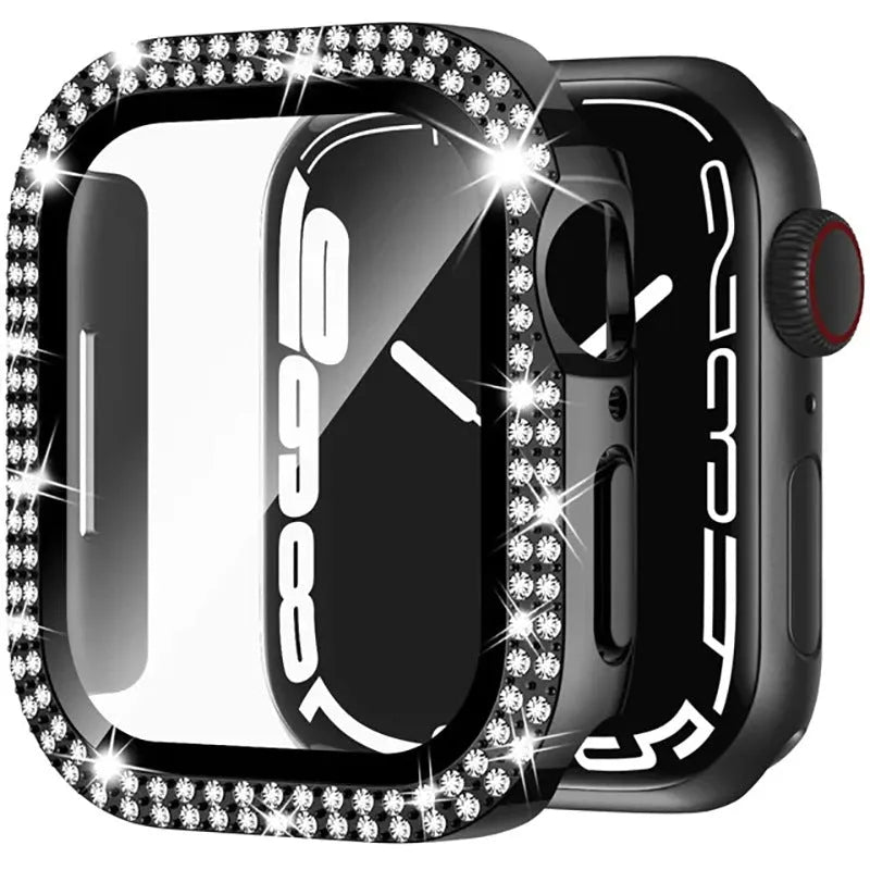 Apple Watch case with double-diamond peep-proof glass in rose pink, gold, silver, black, and transparent colours.