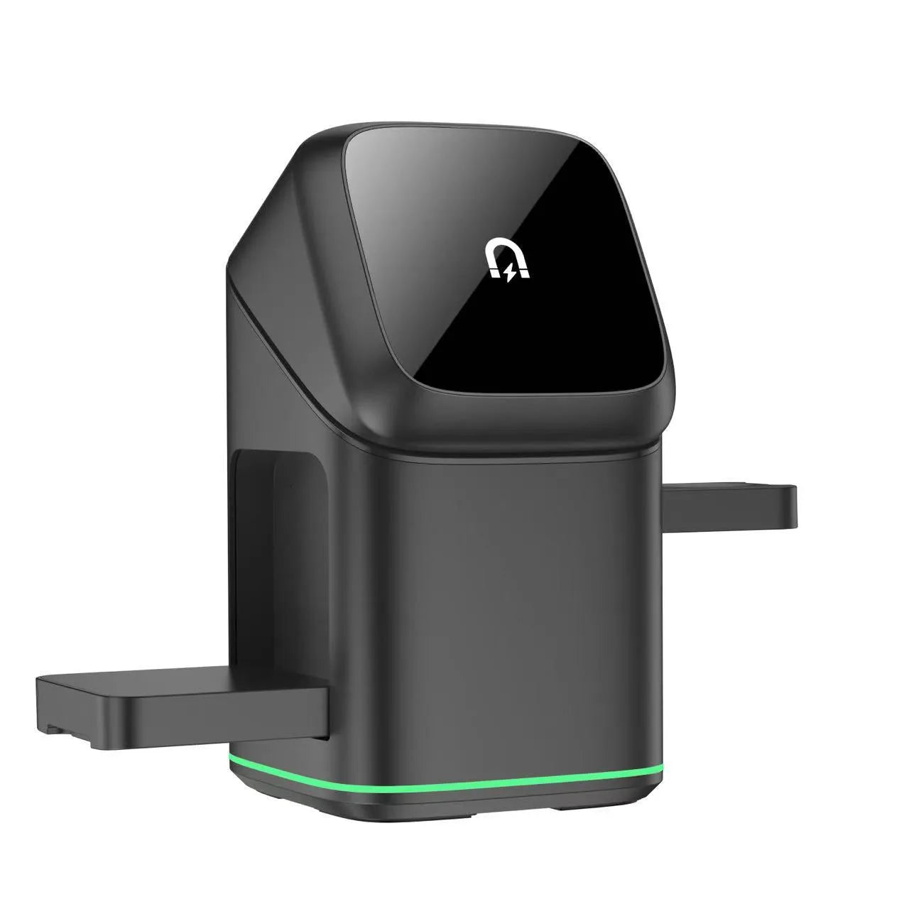 Black mobile phone magnetic wireless charging stand showing 180-degree rotation capability with Type-C cable