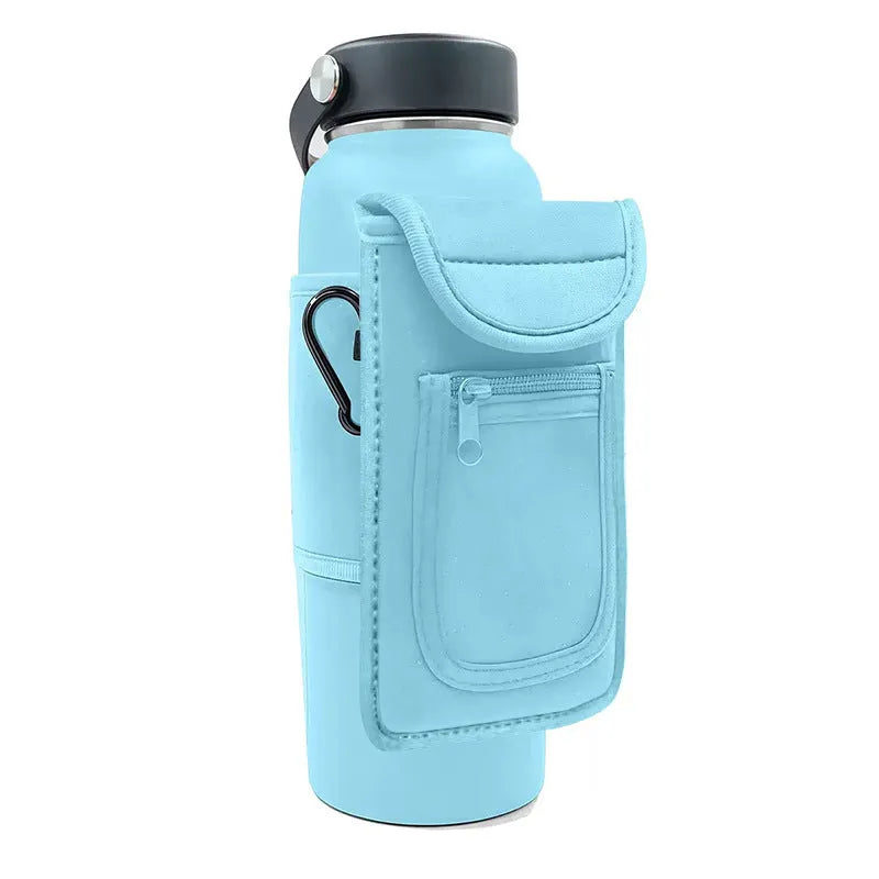 Cloth sports bottle cover with magnetic closure in rose red colour, shown on a large fitness kettle.