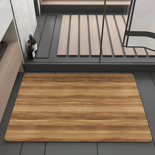 Square American wood grain pattern diatom mud bathroom floor mat on tiles.