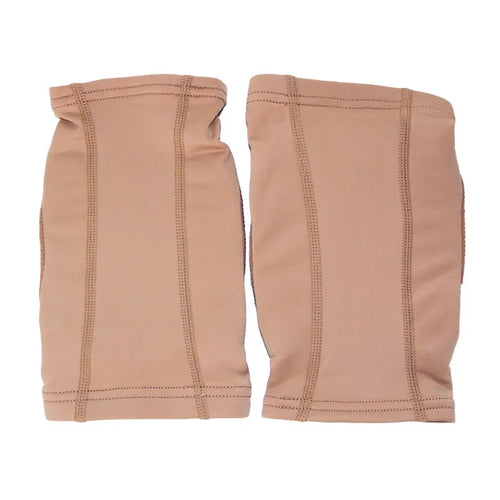 A pair of ballet dance knee pads for yoga exercise, shown in skin colour and black colour options.
