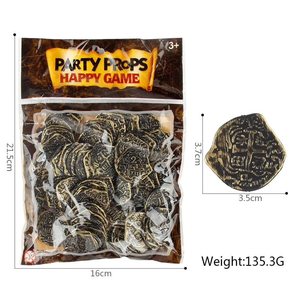 100 electroplated plastic Roman coin replicas in gold, silver, and bronze finishes for treasure chests and costumes.