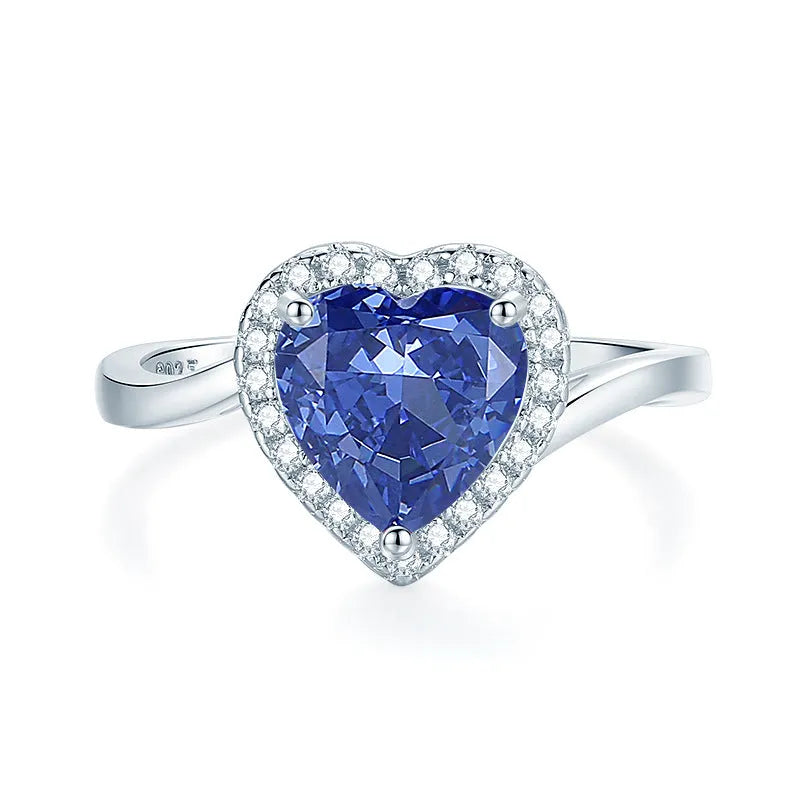 Heart-shaped sterling silver ring with a detailed ice flower cut colour zircon centre stone.