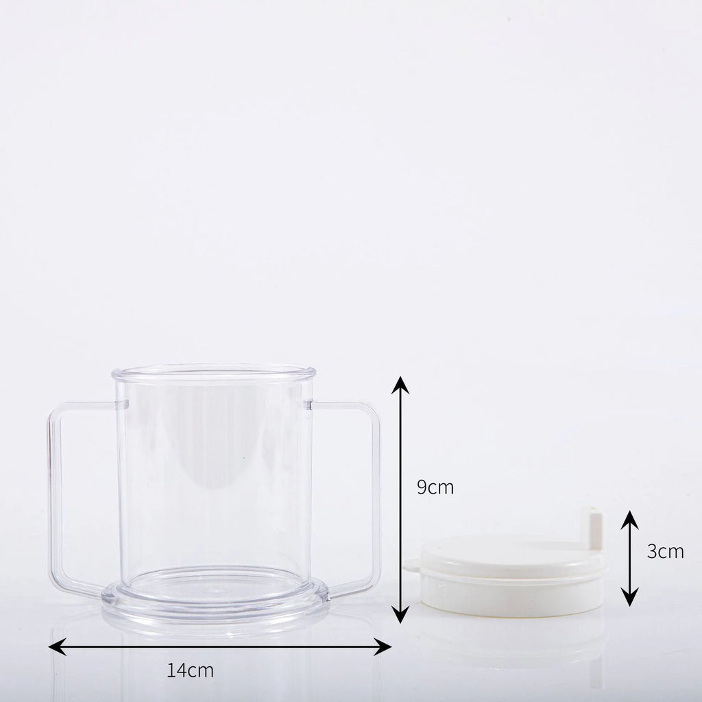 Transparent spill-proof drinking cup with solid colour, 14cm height, on table