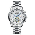 Silver men's automatic perpetual calendar mechanical watch with stainless steel strap and sapphire crystal glass.