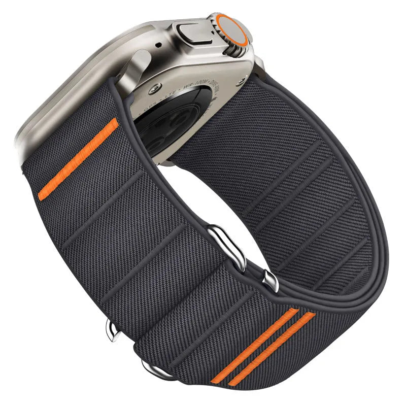 Elastic nylon Apple Watch replacement band with stainless steel buckle in various colours.