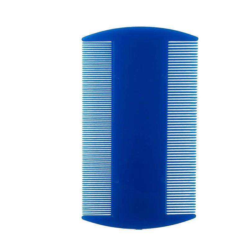 A white double-edged fine-toothed plastic lice comb on a blue surface, showing its 8cm length.