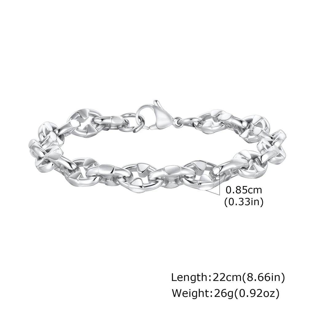 Handmade thick stainless steel geometric chain bracelet in steel colour for men's hip hop fashion
