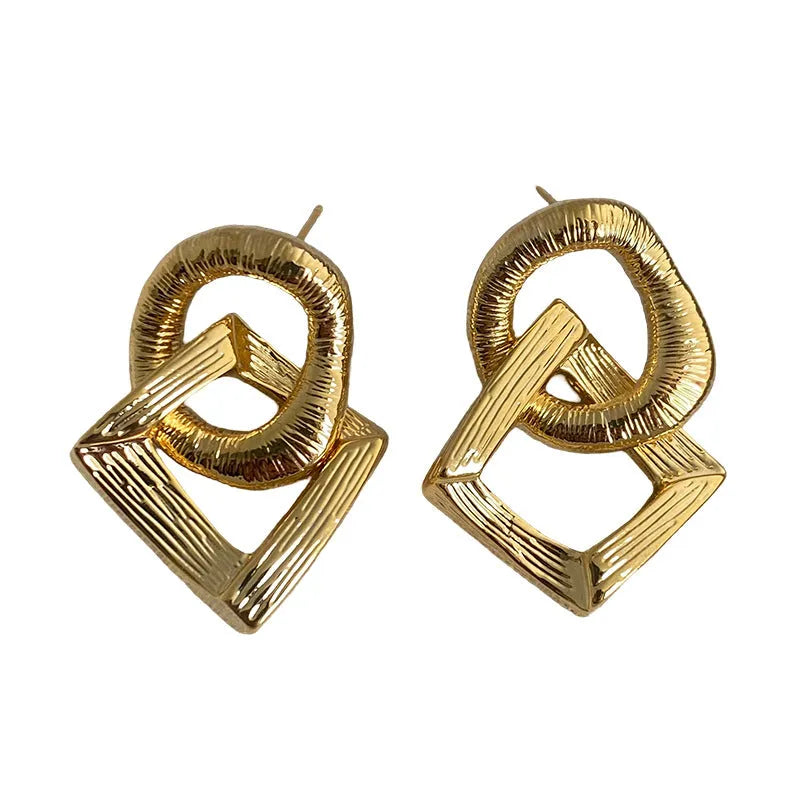 Retro geometric circle pendant earrings with 3.4 cm drop in gold or silver electroplated finish