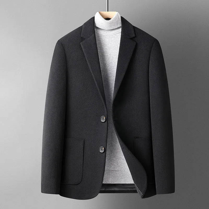 Men's slim fit wool suit in a solid colour with a polyester lining, shown on a hanger.