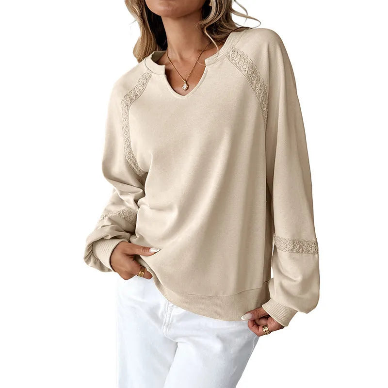 Women's half-open collar long sleeve sweater with stitching lace detail in cotton polyester fabric