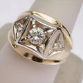 Geometric hollow couple rings in gold-coloured copper with chamfering square pattern design