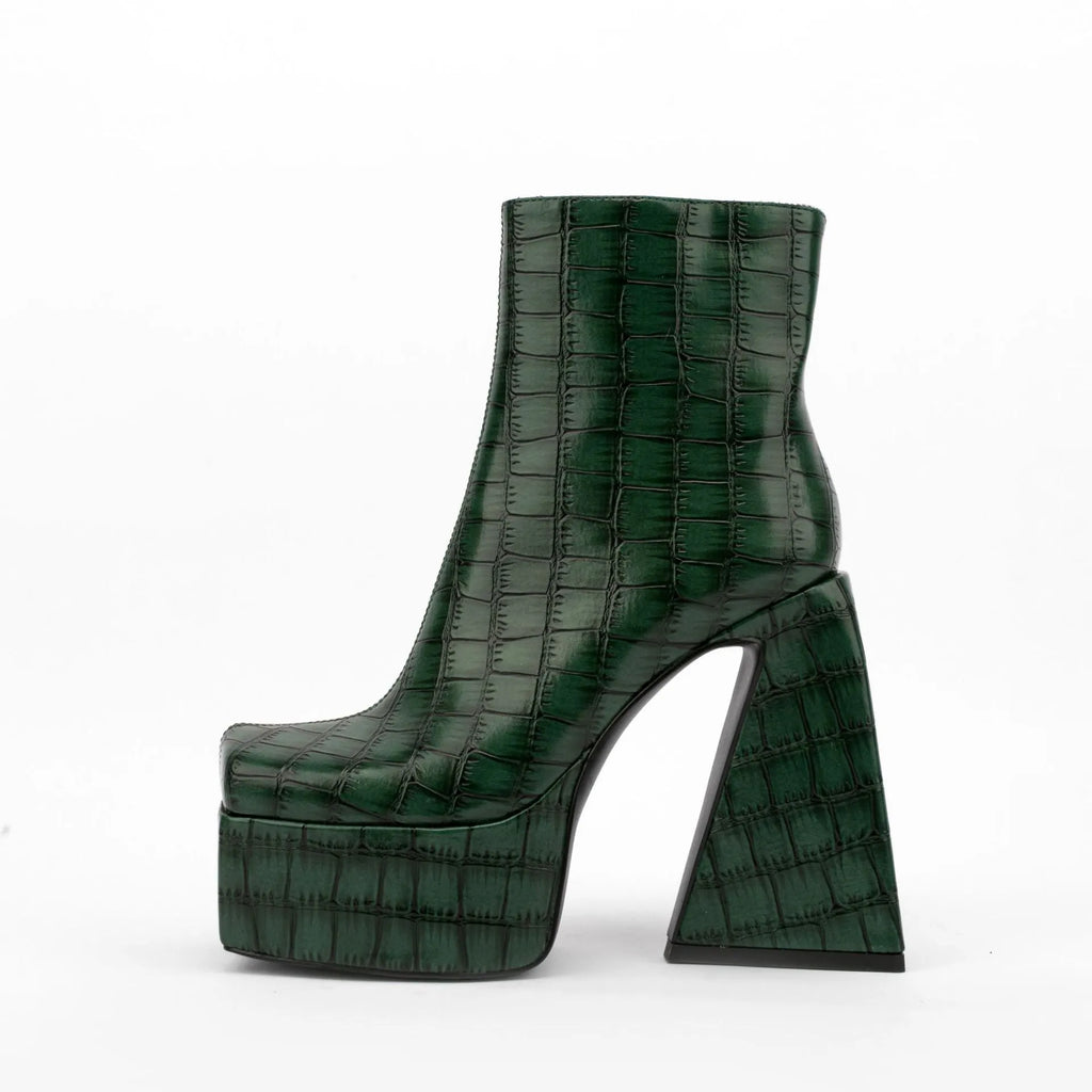 Women's ankle boots with a high heel in red, green, black, beige, and brown colours.