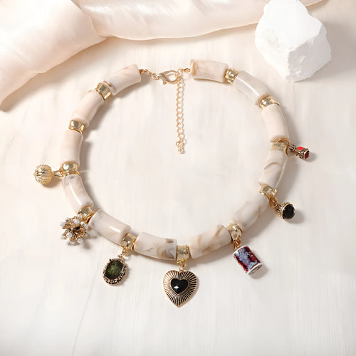 Women's bamboo design resin heart necklace with electroplated finish on adjustable chain