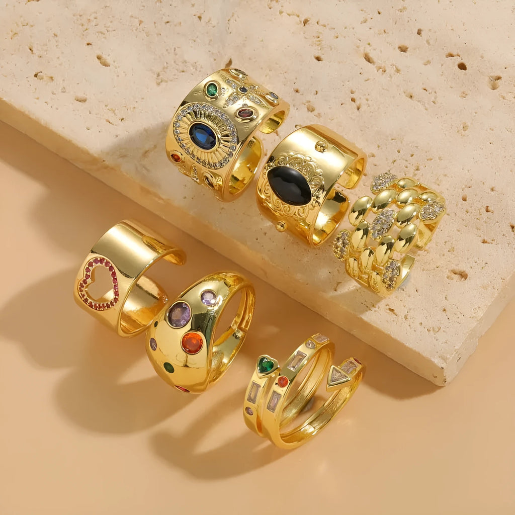 Geometric Chinese style ring with zircon stones in horse eye black colour on copper base