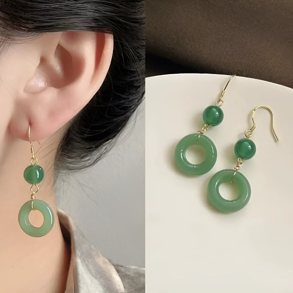 Green jade geometric Chinese style earrings with peace buckle design in 14K gold zinc alloy