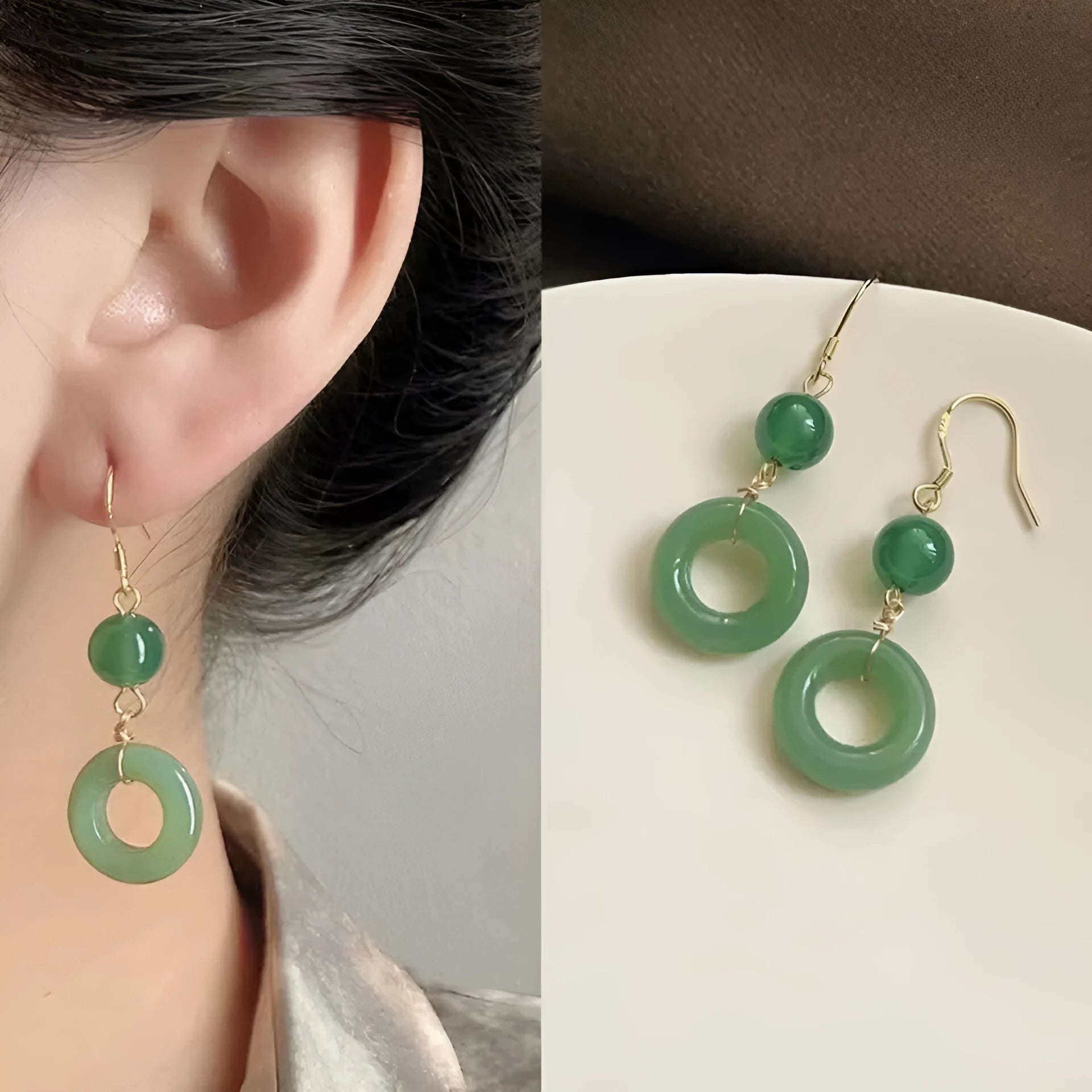 Green jade geometric Chinese style earrings with peace buckle design in 14K gold zinc alloy