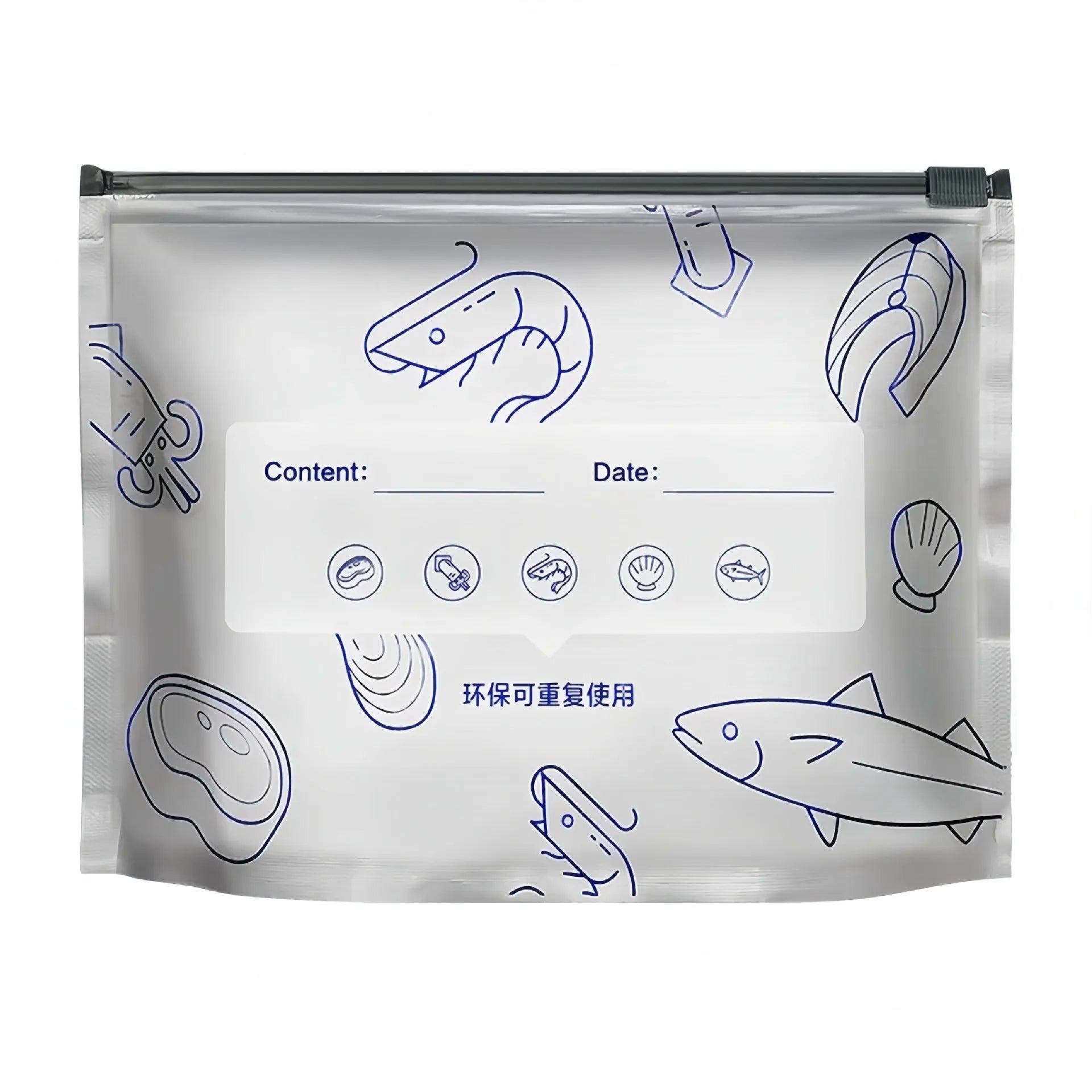 Aluminium foil fresh-keeping bags in three sizes with resealable closure for food storage